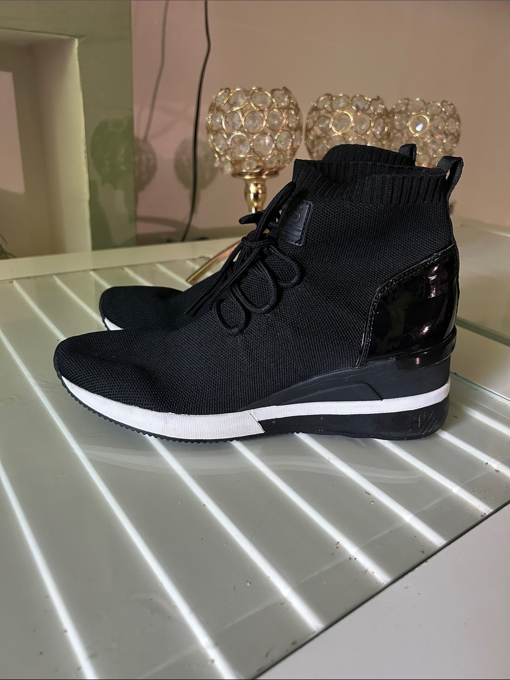 Michael Kors Black Knit Lace-Up Sock Sneaker with White Midsole